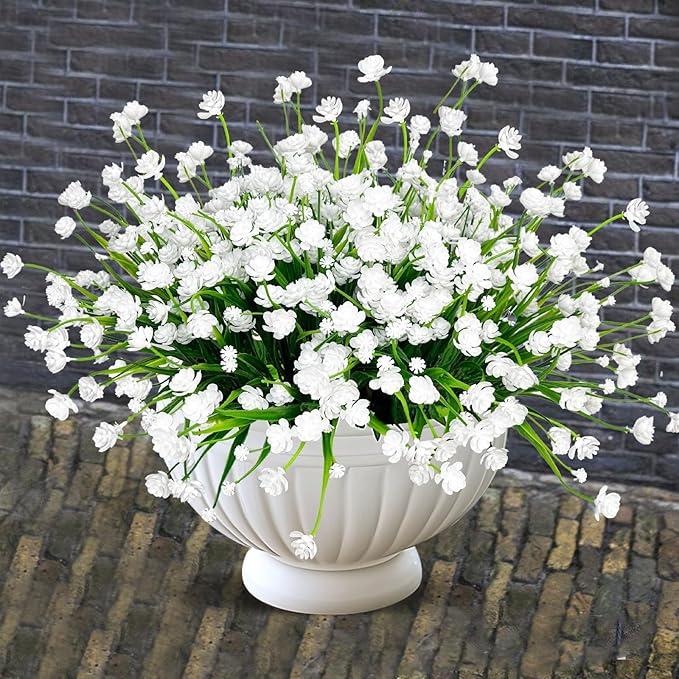 TURNMEON 20 Bundles Artificial Flowers for Outdoors Fake Plants Summer Decor, UV Resistant Artificial Plants Cemetery Fake Flowers Faux Plastic Greenery Shrub for Home Porch Decor 580 Heads(White)