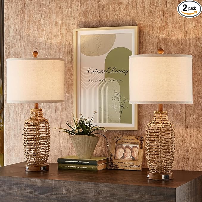 Rattan Table Lamps Set of 2 Wicker Lamps 3 Way Dimmable Touch Control Farmhouse Rustic Coastal Lamps with USB Port for Bedroom Living Room Office (LED Bulbs Included)