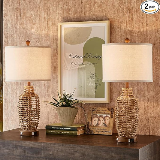 Rattan Table Lamps Set of 2 Wicker Lamps 3 Way Dimmable Touch Control Farmhouse Rustic Coastal Lamps with USB Port for Bedroom Living Room Office (LED Bulbs Included)