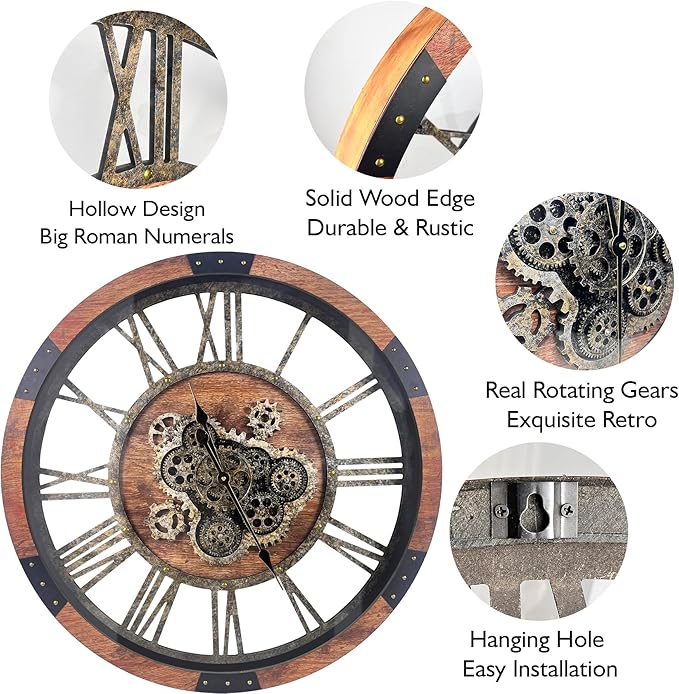 DORBOKER 40'' Large Wall Clock Real Moving Gears Oversized Industrial Solid Wood Rusic Farmhouse Clocks for Living Room Wall Decor Home Office, 40 inch 101cm, Brown and Vintage