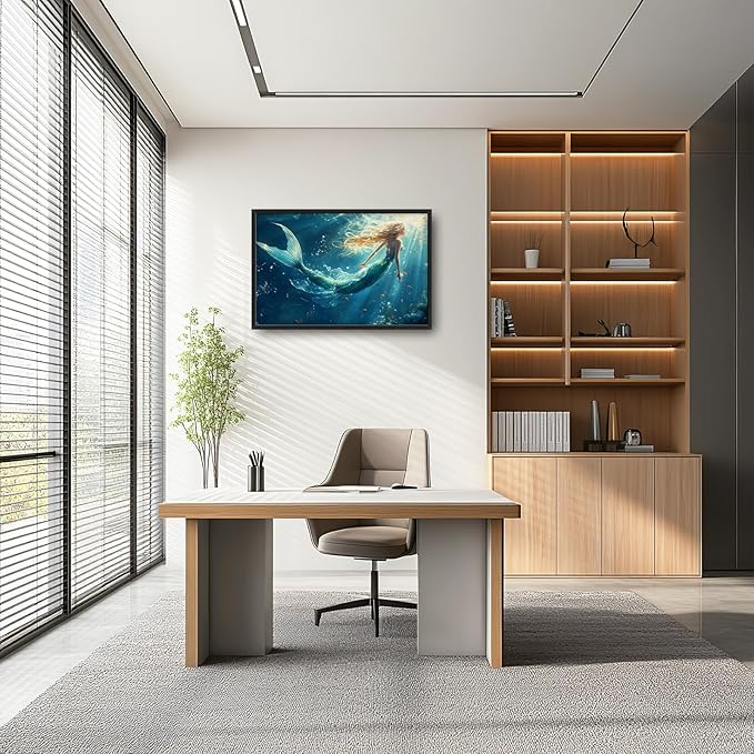 Framed Large Wall Art for Living Room, Beach Mermaid Canvas Wall Decor, Large Ocean Picture Framed Painting, Modern Artwork for Bedroom Office 36L'' × 24W''