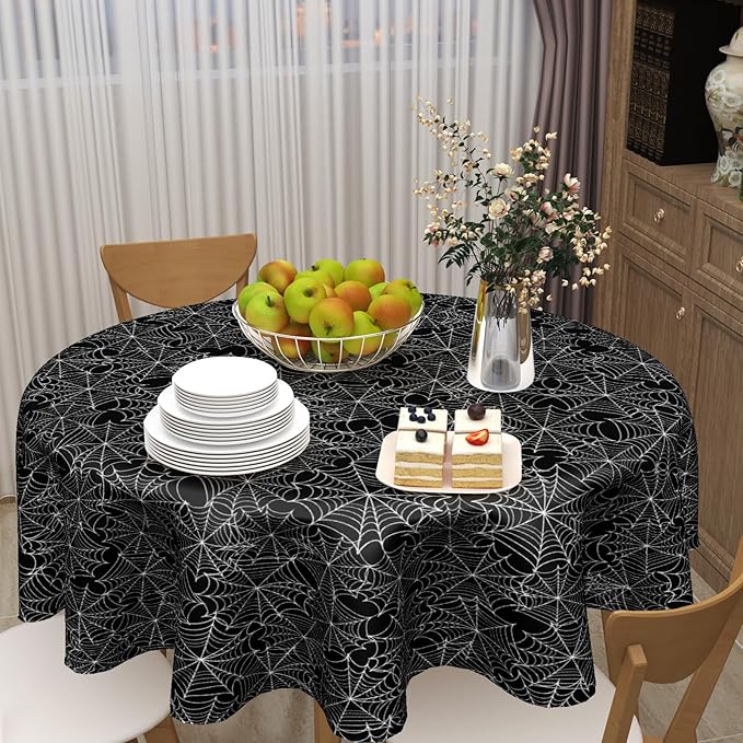 Halloween Tablecloth Round 60 Inch Halloween Black Spider Web Table Cloth Halloween Haunted House Table Decorations Halloween Holiady Decorative Table Cover for Kitchen Dining Room Holiday Party