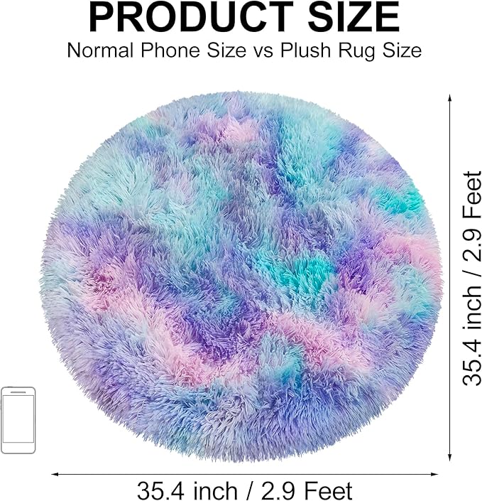 Tie Dye Rainbow Round Rugs Small 3x3 ft Fluffy Circle Rug Furry Carpet Shaggy Circular Fuzzy Plush Area Rug for Girls Bedroom Kids Room Living Room Nursery Cute Room Decor Pet mat Doormat