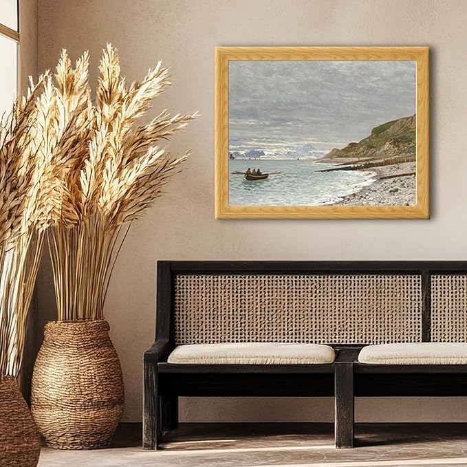Brivoria Framed Canvas Wall Art Vintage Decor, Coastal Landscape with Cliff Rowboat Pebble Shore and Distant Horizon Beneath Cloudy Sky for Living Room Statement Wall or Gallery Display, 16"x20"