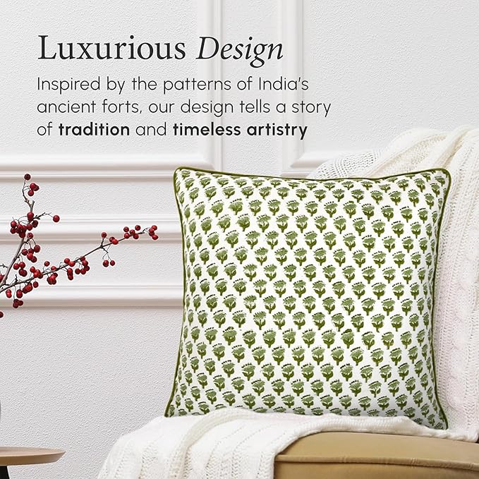 CPC 100% Cotton Throw Pillow Covers 24x24 Inch, Set of 2 Green Block Print Pattern Couch Pillow, Cute Boho Decorative Pillows for Living Room, Bedroom with Hidden Zipper- Emerald Green