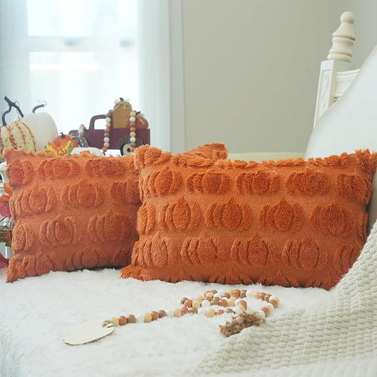 GEEORY Fall Pumpkins Soft Plush Pillow Covers, 12 x 20 Inch Set of 2, Fluffy Faux Fur Wool Decorative Farmhouse Cushion Case for Sofa Home Decoration Orange GC018-12