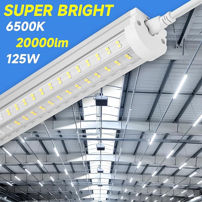 8FT U Shape 125W Integrated LED Tube Light, 6500K Clear White, 20000LM Super Bright, Flush Mount/Hanging, Linkable Shop Lights for Garage Workshop, Plug&Play, 8 Pack