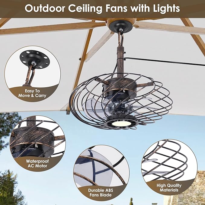 15" Outdoor Ceiling Fan with Light, Waterproof Gazebo Fan Remote Control, Dimmable LED Light, Hanging Black Caged Ceiling Fixtures with Plug in Cord for Patios Pergola, Black Gold