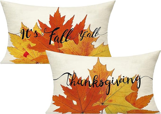 All Smiles Thanksgiving 12x20 Lumbar Throw Pillow Covers Set of 2 Fall Cushions Cases Decorations Outdoor Autumn Maple Leaves Orange Decorative Kitchen Home Decor Cushion for Sofa Porch Couch