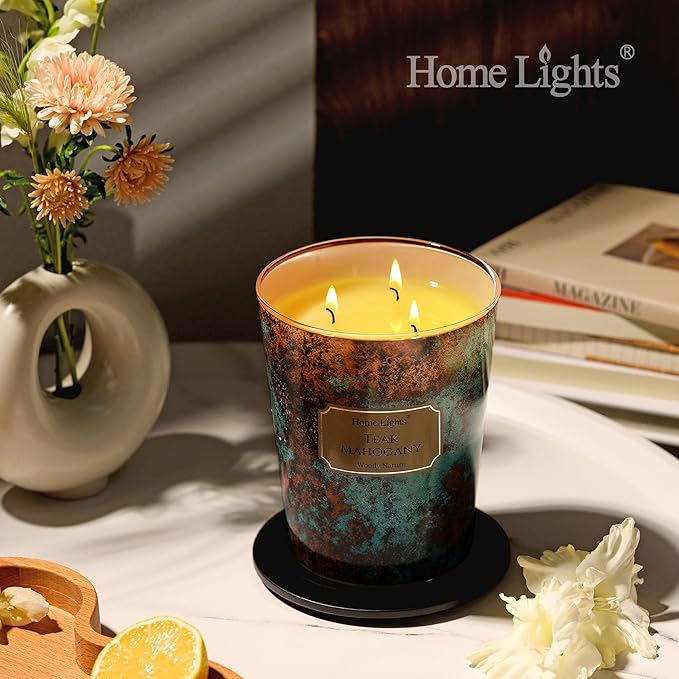 HomeLights Large jar Candle | 3-Wick Long-Lasting Scented Candles, 34oz Natural Soy Wax Candle for Home Scented, Industrial Chic Gifts for Women & Men, Teak Mahogany