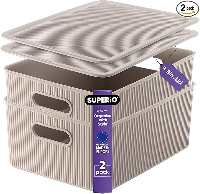 Superio Ribbed Collection - Decorative Plastic Lidded Home Storage Bins Organizer Baskets, Large Taupe (2 Pack - 15 Liter) Stackable Container Box, for Organizing Closet Shelves Drawer Shelf