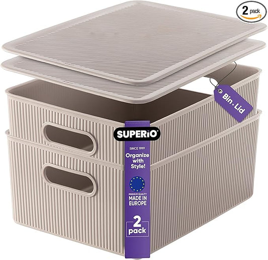 Superio Ribbed Collection - Decorative Plastic Lidded Home Storage Bins Organizer Baskets, Large Taupe (2 Pack - 15 Liter) Stackable Container Box, for Organizing Closet Shelves Drawer Shelf