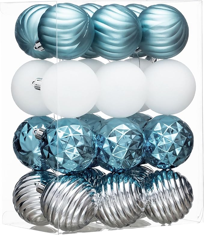 Valery Madelyn Christmas Ornaments Tree Decorations Set for Fall Halloween, 24ct Light Blue Silver Shatterproof Ball Ornaments, 2.36" Hanging Ornament Bulk for Xmas Holiday Party Decor