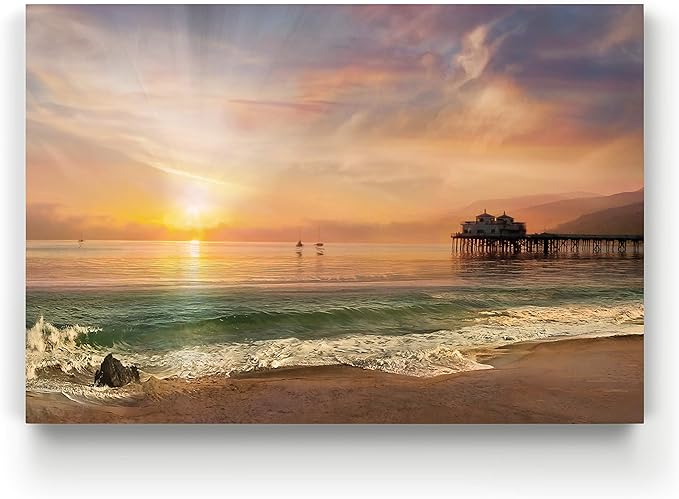 Renditions Gallery Canvas Nature Art Prints Evening Sunset at Calm Sandy Beach Wall Hanging Artwork for Bedroom Office Home Decorations - 32"X48" LT08