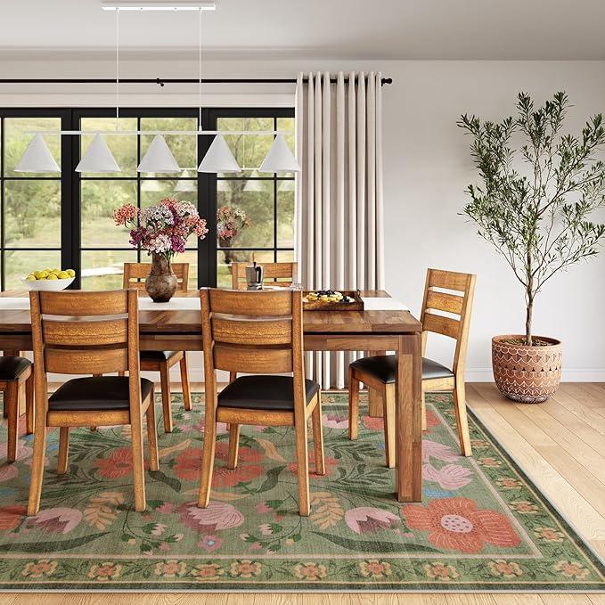 Beeiva 8x10 Washable Rug, Soft Floral Green Rugs for Living Room Indoor, Large Soft Low Pile Flower Carpet for Playroom Kids Dining Room Clasroom Dorm Décor (Green,8'x10')