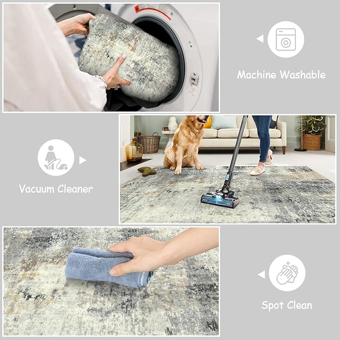 Lahome Modern Abstract Round Rug - 6Ft Gray Circle Rugs for Living Room Soft Dining Room Rugs for Under Table, Machine Washable Bedroom Mat Non Slip Large Carpet for Office Kitchen Entrance