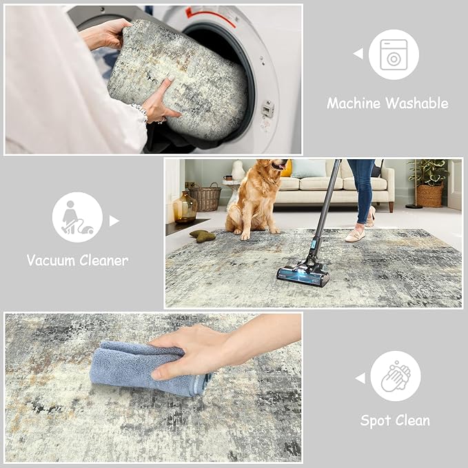 Lahome Modern Abstract Round Rug - 3Ft Small Washable Kitchen Round Area Rug Bedroom 3x3 Circle Mat, Soft Low Pile Non Slip Indoor Throw Carpet for Cabinet Bathroom Home Office, Grey