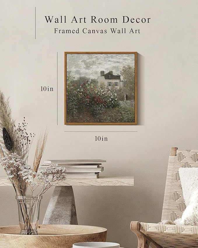 InSimSea Square Framed Canvas Wall Art, Flower Home Decor Monet Garden Wall Art Prints, Vintage Oil Painting Room Decor, Wall Decor for Living Room Bedroom Kitchen Office 10"x10"