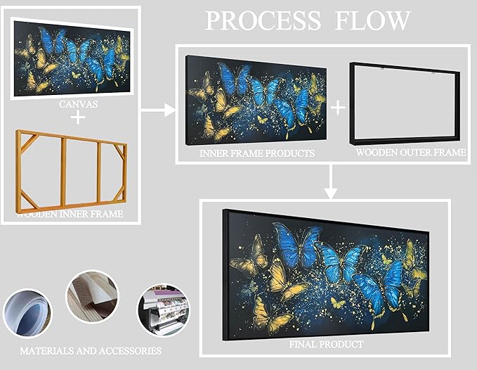 Bedroom Butterfly Pictures Wall Decor for Women - Gold and Blue Wall Art for Living Room - Framed Hand Painted Oil Paintings on Canvas Wall Art Size 29" x 59"