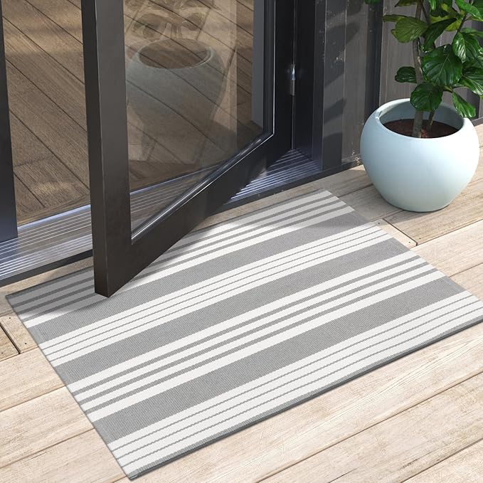 OJIA Fall Front Door Mat Outdoor 24"x35" Front Door Rug Gray and White Striped Outdoor Rugs Washable Entry Rug Indoor Door Mats Cotton Woven Small Area Rugs for Entrance/Porch/Kitchen/Entryway