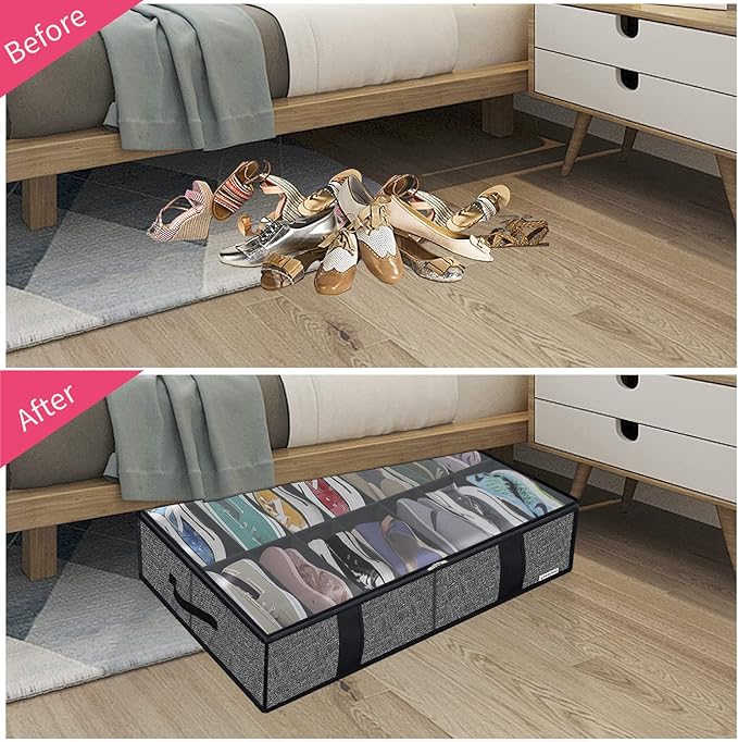 Onlyeasy 2 Pack Under Bed Shoe Storage Organizers with Handles & Clear window (Fit 14 +14 Pairs), Sturdy Underbed Box Organizer Shoe Storage Bags for Kids & Adults, Linen-like Black, MXAUBS14S14