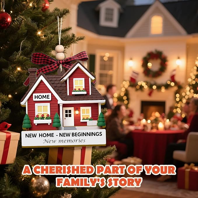 New Home Ornament - Red Wooden Housewarming Gift for Homeowners, Couples & Friends - New Home New Beginning First Christmas House Ornament