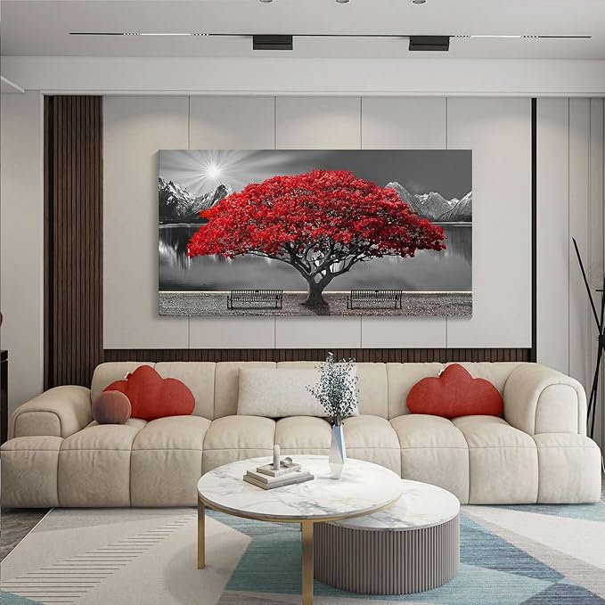 Black and White Red Tree Wall Art Canvas Print Picture Large Red Tree Landscape Modern Artwork for Living Room Bedroom Office Home Wall Decor With Frame 29X58inch