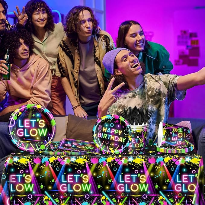 Neon Party Supplies,142Pcs Let Glow Party Decorations Including Disposable Paper Plates,Cups,Tablecloths, Glow in the Dark Theme Decoration for Birthday Baby Shower Party