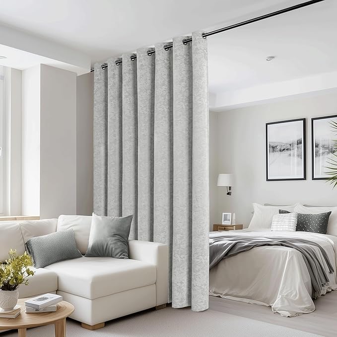 Beauoop Grey Floral Jacquard Blackout Curtains 84 Inches Long for Patio Sliding Door Extra Wide Chenille Flower Divider Room Darkening Thermal Soundproof Grommet Window Drapes, 100x84 Set of 1