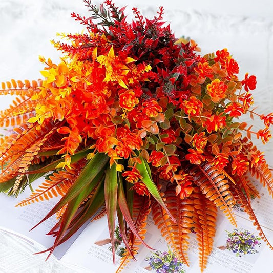 9 Bundles Artificial Fall Flowers,Fake Plants, Orange and Red Autumn Plants for Outdoor Decorations, Halloween Thanksgiving Christmas Wedding Party Indoor Home Garden Fireplace Décor