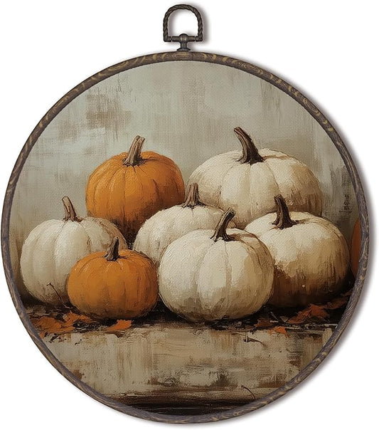 XNXLDYLH Rustic Fall Pumpkin Round Framed Wall Art Decor, Vintage Farmhouse Hanging Wall Decor Decorations, Autumn Fall Canvas Prints Wall Art Pictures Paintings for Bedroom Living Room, 10x10 Inch