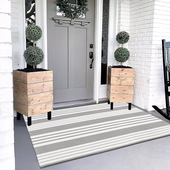 OJIA Entryway Rug 3'x5' Cotton Hand Woven Fall Front Door Mat Halloween Doormat Machine Washable Outdoor Rugs Grey and White Striped Entry Rug Porch Rugs for Farmhouse/Bedroom/Home Entrance Decor