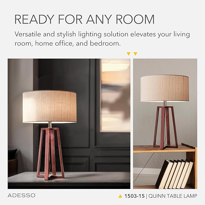 Adesso Quinn Table Lamp - Walnut Birch Wood & Natural Linen Shade – Perfect Nightstand, End Table, and Desk Lamp
