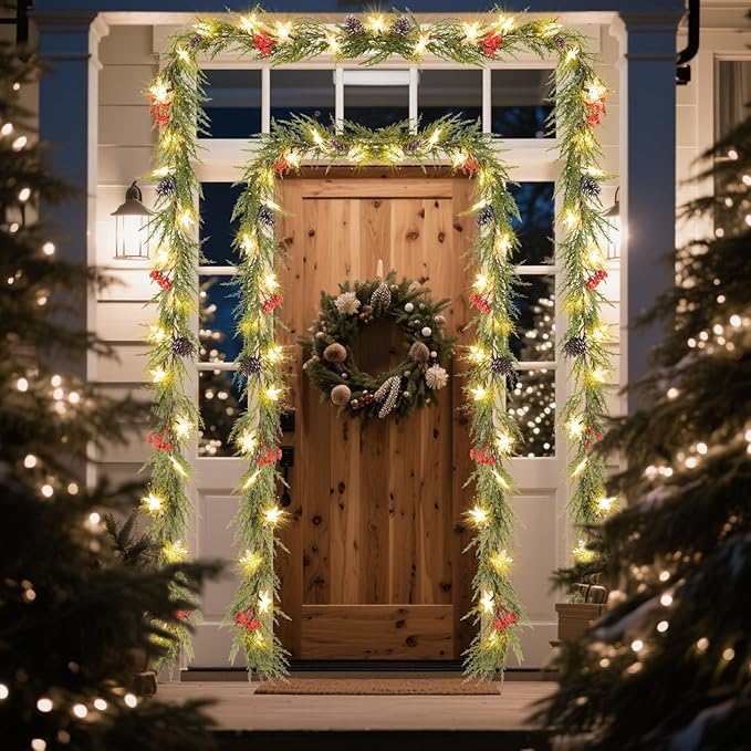 6FT Christmas Garland with Lights, Christmas Decor Pre-lit Artificial Pine Garland with Battery Operated, Decorations Indoor Outdoor Home Holiday Garland for Mantel Window Stairs