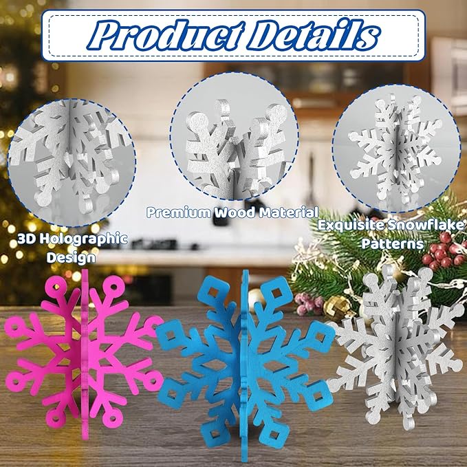 OuMuaMua 6 Sets Snowflake Christmas Table Decorations - 12pcs Blue Fuchsia Purple Sliver Wooden 3D Snowflake Decor Tabletop Centerpieces for Christmas Winter Wonderland Party Supplies Home