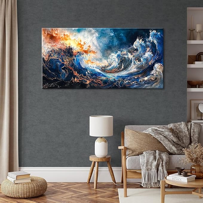 ZESTFLICKR Wall Art of Ocean Wave Abstract Canvas Blue Print Modern Artwork Pictures Magnificent for Living Room Bedroom Home Office Kitchen Decor (28x58 inches)