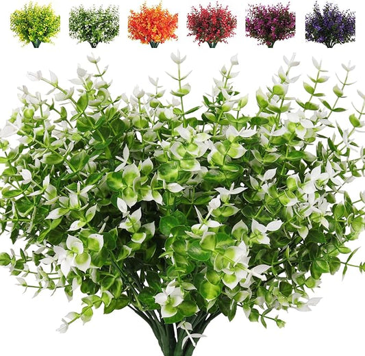 RECUTMS Artificial Faux Plants Flowers Outdoor Spring Decoration, 8 Bundles Artificial Flowers for Outdoors Realistic UV Resistant for Outside Home Planter Porch Patio Window Yard Decor(White)