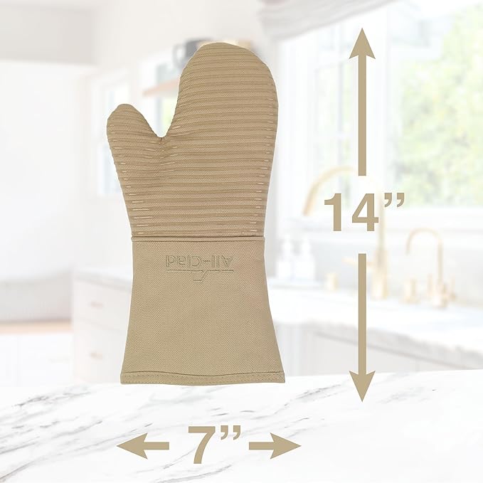 All-Clad Silicone Oven Mitts: Heat Resistant up to 500 Degrees - 100% Cotton & Silicone, 14"x7" Oven Mitt for Kitchen and Barbeque, 2-Pack, Cappuccino