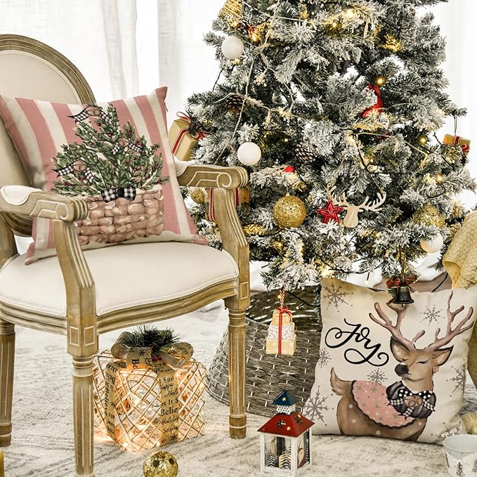 AVOIN colorlife Pink Christmas Snowman Reindeer Gloves Eucalyptus Throw Pillow Covers, 20 x 20 Inch Winter Holiday Stripes Cushion Case Decoration for Sofa Couch Set of 4