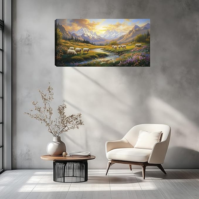 Kuiluuye Large Mountains Rivers Wall Art Wildflowers Rural Landscape Wall Art Painting Pictures Canvas Art Prints Countryside Wall Decor for Bedroom Farmhouse Living Room 48L x 24W