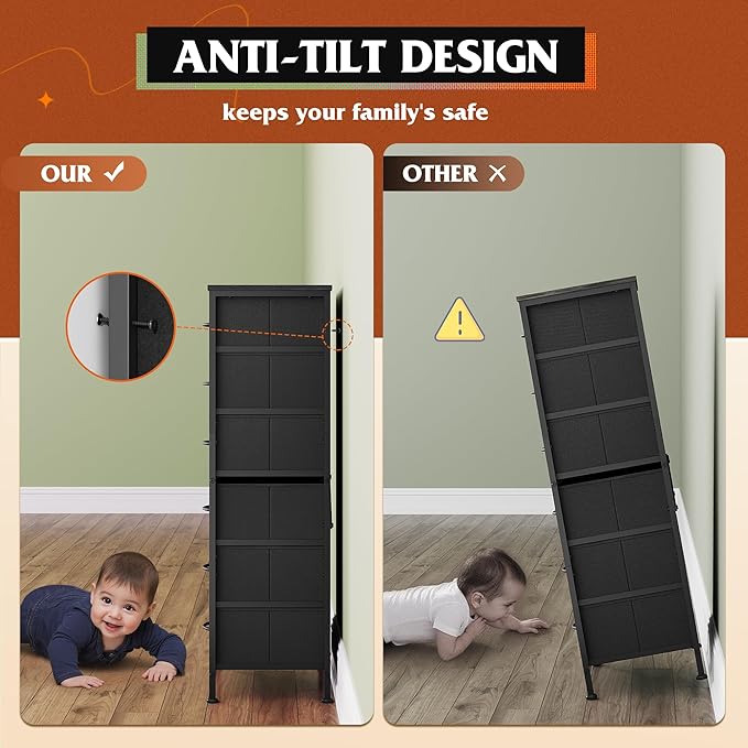 WLIVE Tall Dresser for Bedroom, 6 Drawer Dressers & Chests of Drawers, Fabric Dresser for Closet, Night Stand with Metal Frame, Storage Tower with Fabric Bins, Woodtop, Charcoal Black Wood Grain Print