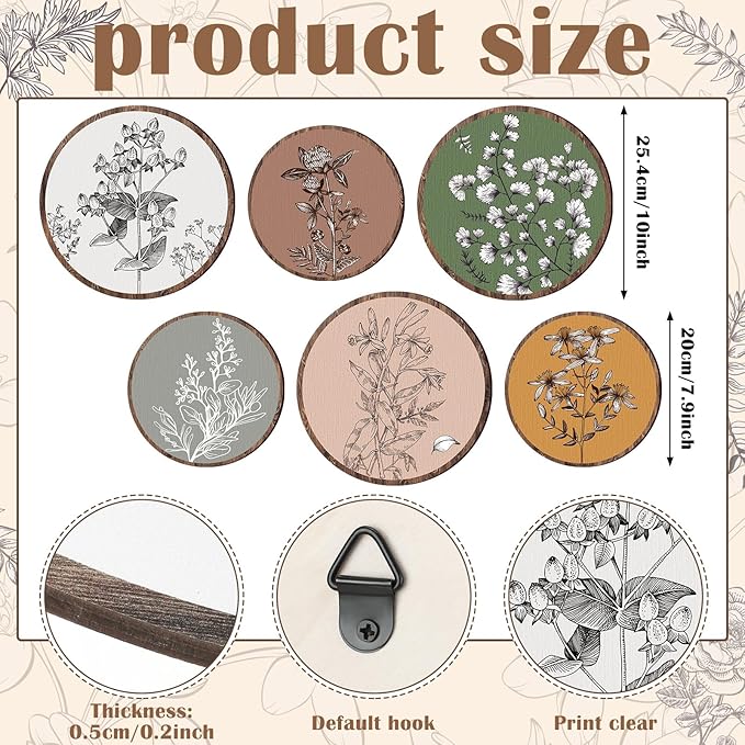 Barydat 6 Pieces Boho Plant Wall Art Decor Wooden Boho Farmhouse Rustic Bohemian Wall Hanging for Bedroom Living Room Office (Retro,8 Inch, 10 Inch)