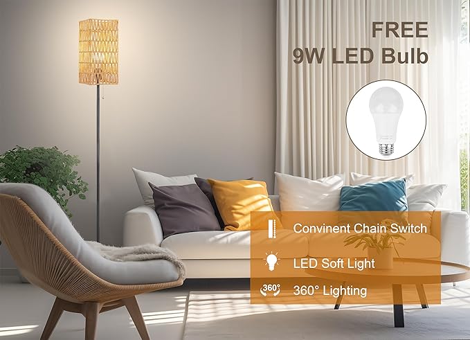 Floor Lamp for Living Room,Farmhouse Rattan Floor lamp,Modern Standing lamp with Hand-Worked Rattan Shade,Black Tall Lamp with Chain Switch (Square Shade)