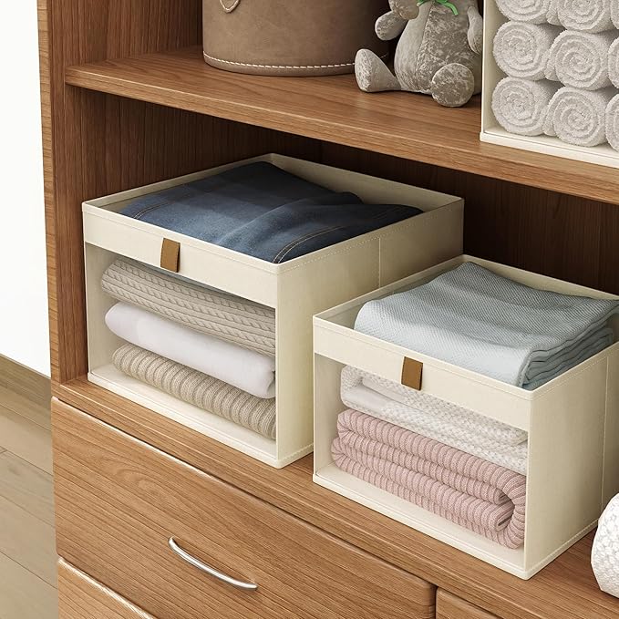 Linen Closet Organizers and Storage, Closet Storage Bins Basket Organizer, Foldable Organization Baskets with Mesh Window for Clothes Towels and Toys, 12.75" x 12.75" x 9", Beige, 6 pack