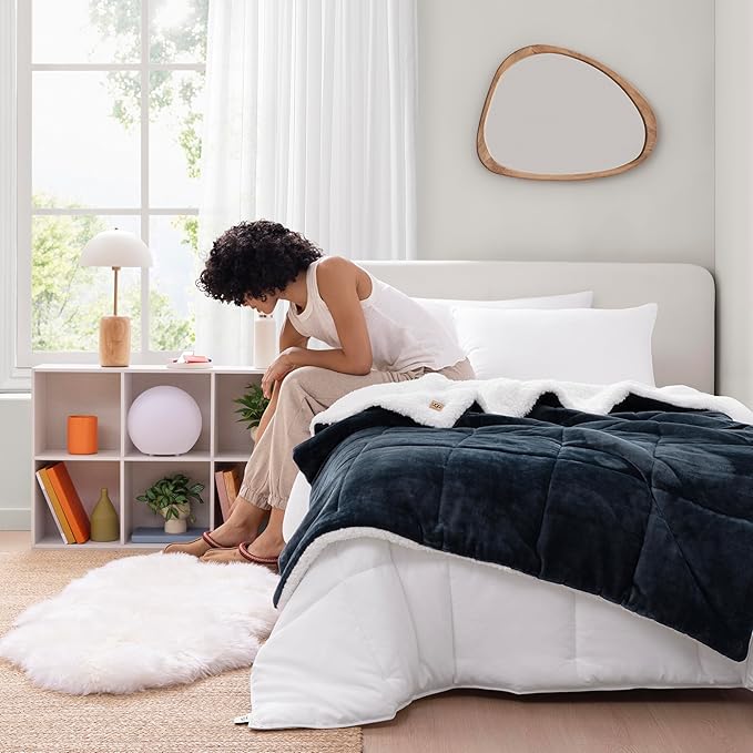 UGG Nita Throw Blanket Soft Reversible Plush Throw for Couch or Bed Washable Warm Fluffy Blanket for College Dorm Room Essentials and Bedding with Down Alternative Fill, 50-inch x 70-inch, Navy Blue