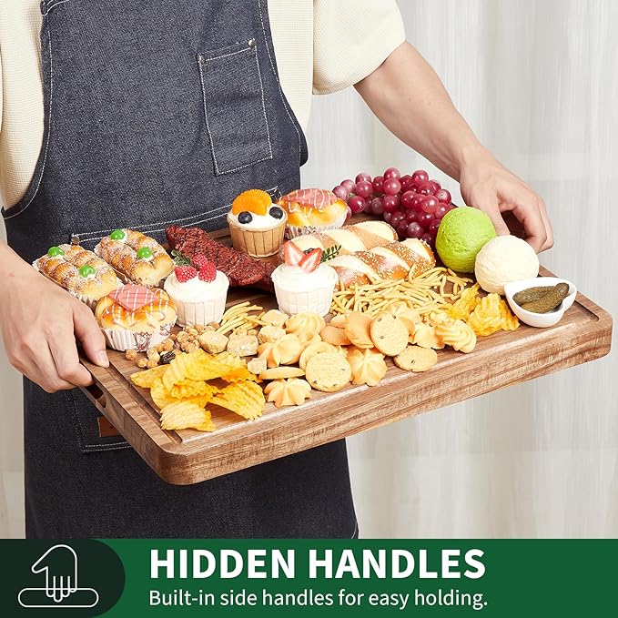 Garvee Acacia Wood Cutting Board for Kitchen, 20"x15"x1.38" Large Wooden Chopping Board, Reversible Wooden Butcher Block with Deep Juice Groove and Side Handle for Meat, Vegetables, Cheese, Fruit