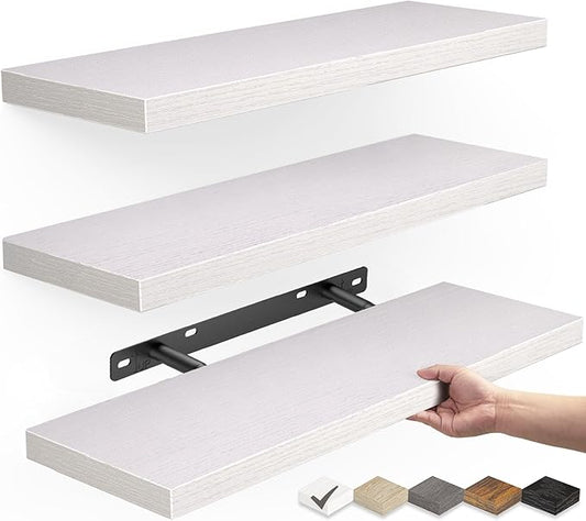 BAYKA White Floating Shelves for Wall – Rustic Wood Wall Shelves with Metal Brackets for Bathroom, Bedroom, Kitchen, or Living Room Decor Organization – Set of 3, Sturdy Storage with 22lb Capacity