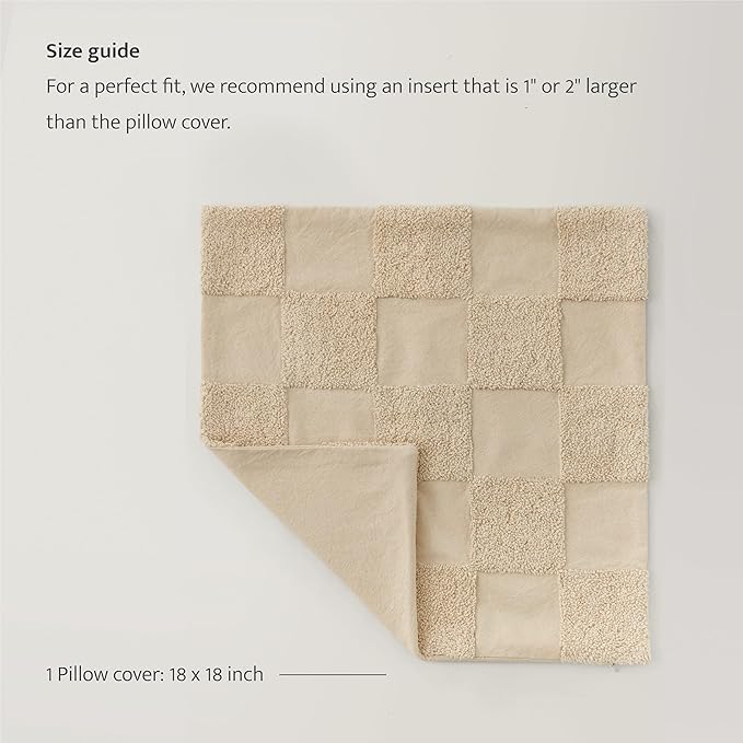 Double Stitch 100% Cotton Throw Pillow Covers - Checkered Tufted Boho Decorative Pillow Covers 18x18, Made in India, Square Cushion Case, Modern Home Decor for Couch, Sofa, Living Room, Oat