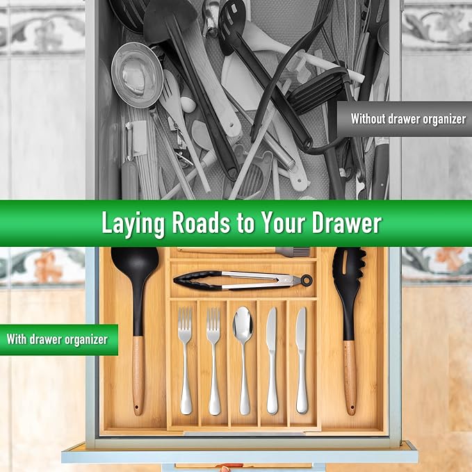 Large Expandable Utensil Organizer Silverware Organizer for Kitchen Adjustable Utensils Holder Bamboo Flatware Silverware Cutlery in Drawer (9 slot, Natural)
