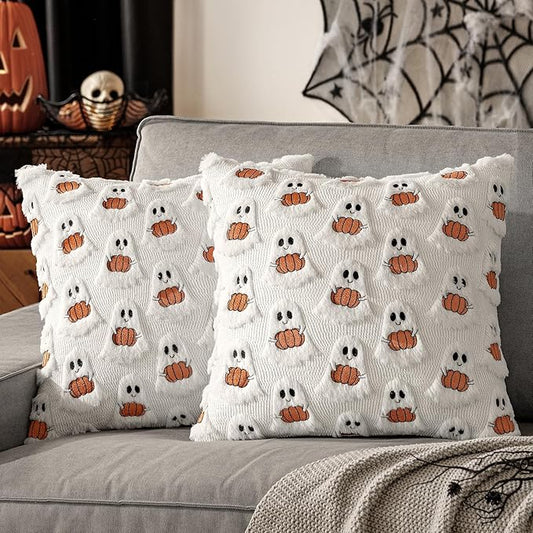 MIULEE Halloween Pillow Covers Decorative Fall Cute Ghost Plush Faux Fur Pillows 18x18 Inch Set of 2 Soft Pumpkin Accents for Sofa Couch Bed Living Room Festive Home Decor, White Rust